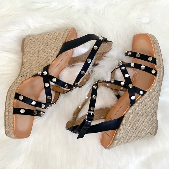 NIB DOLCE VITA Size 8 Studded Black Strappy Espadrille Wedges - Picture 5 of 9